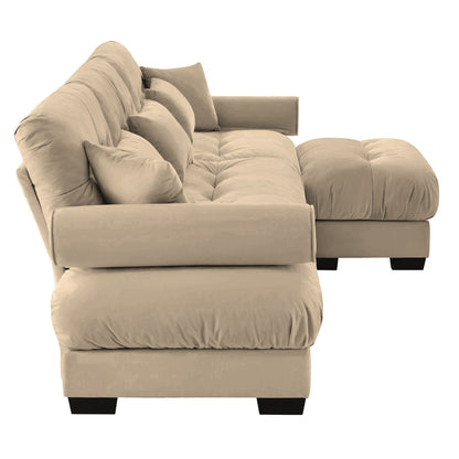 Modern sectional sofa with ottoman in beige fabric, round bolster arms and pillows on Tampa Home & Garden Store