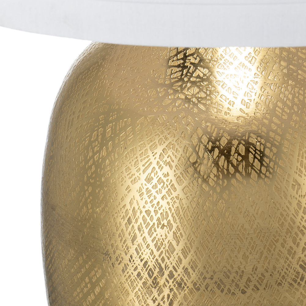 Gold round aluminum table lamp with textured body and white fabric shade by HouseOfZazla on Tampa Home & Garden Store