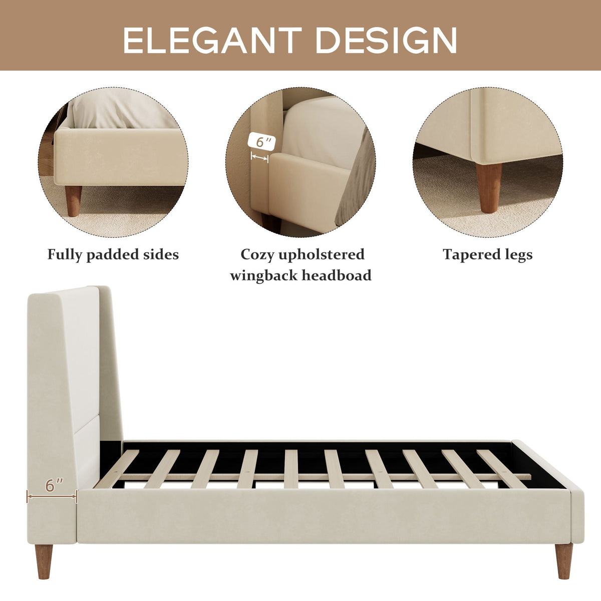 Upholstered Modern Platform Bed With Wingback Headboard beige fabric, tapered legs HouseOfZazla on Tampa Home & Garden Store