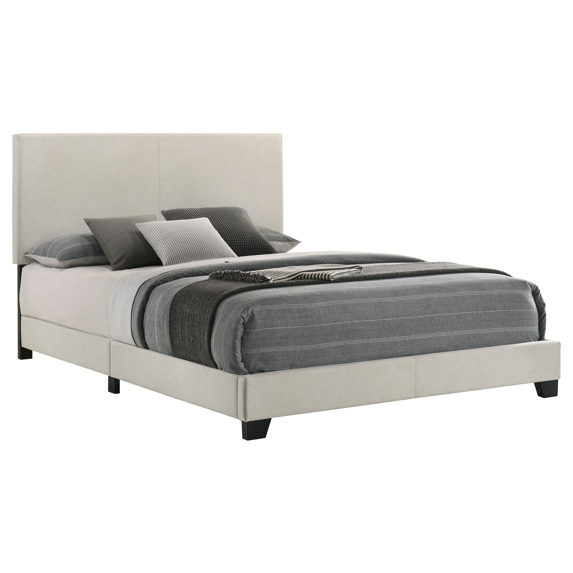 Efram Panel Bed by HouseOfZazla upholstered platform with light taupe headboard and gray bedding on Tampa Home & Garden Store