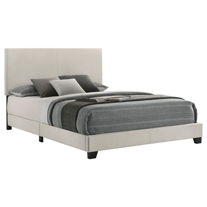 Efram Panel Bed by HouseOfZazla upholstered platform with light taupe headboard and gray bedding on Tampa Home & Garden Store