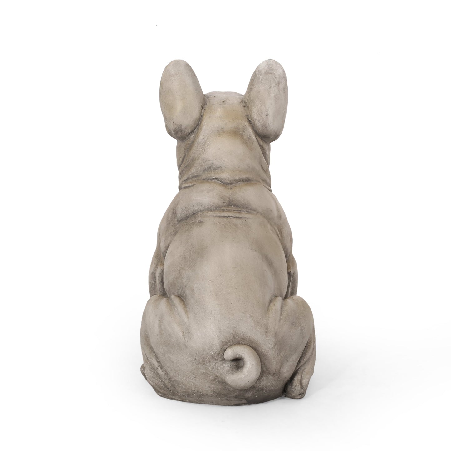 Dog garden sculpture, outdoor French Bulldog statue in gray stone finish, rear view on Tampa Home & Garden Store