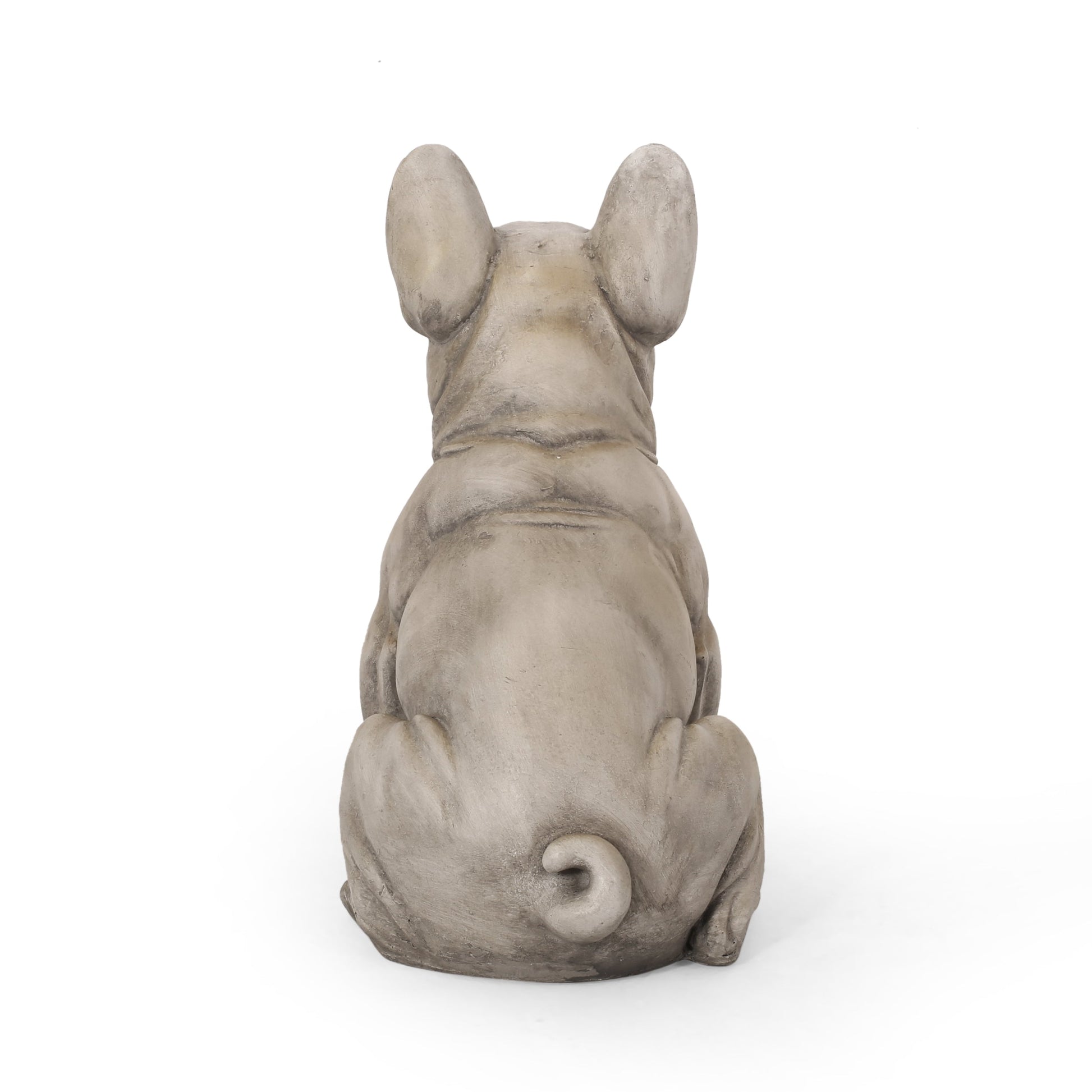 Dog garden sculpture, outdoor French Bulldog statue in gray stone finish, rear view on Tampa Home & Garden Store