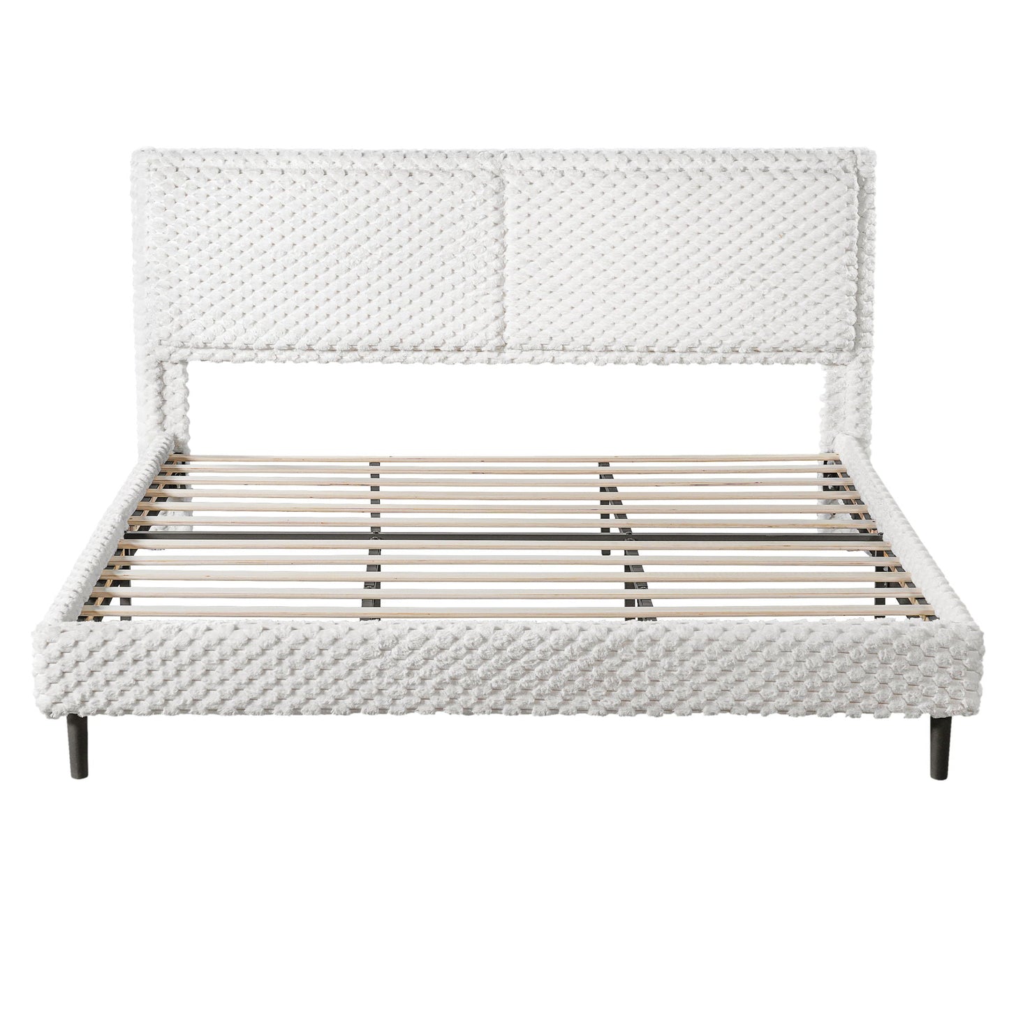Soft bed backrest headboard in white knit upholstery with exposed wood slats HouseOfZazla on Tampa Home & Garden Store