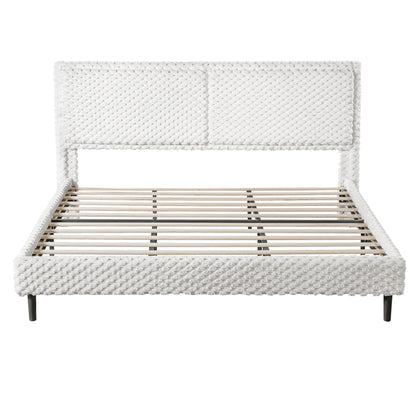Soft bed backrest headboard in white knit upholstery with exposed wood slats HouseOfZazla on Tampa Home & Garden Store