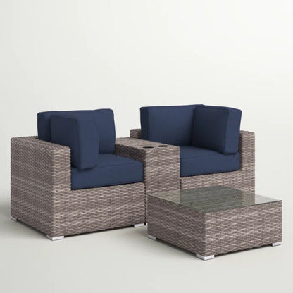 3 piece wicker outdoor seating set with navy cushions and glass table by HouseOfZazla on Tampa Home & Garden Store