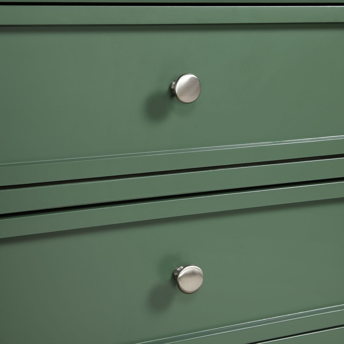 3 Drawer Nightstand front in green finish with brushed nickel round knob and metal glides on Tampa Home & Garden Store