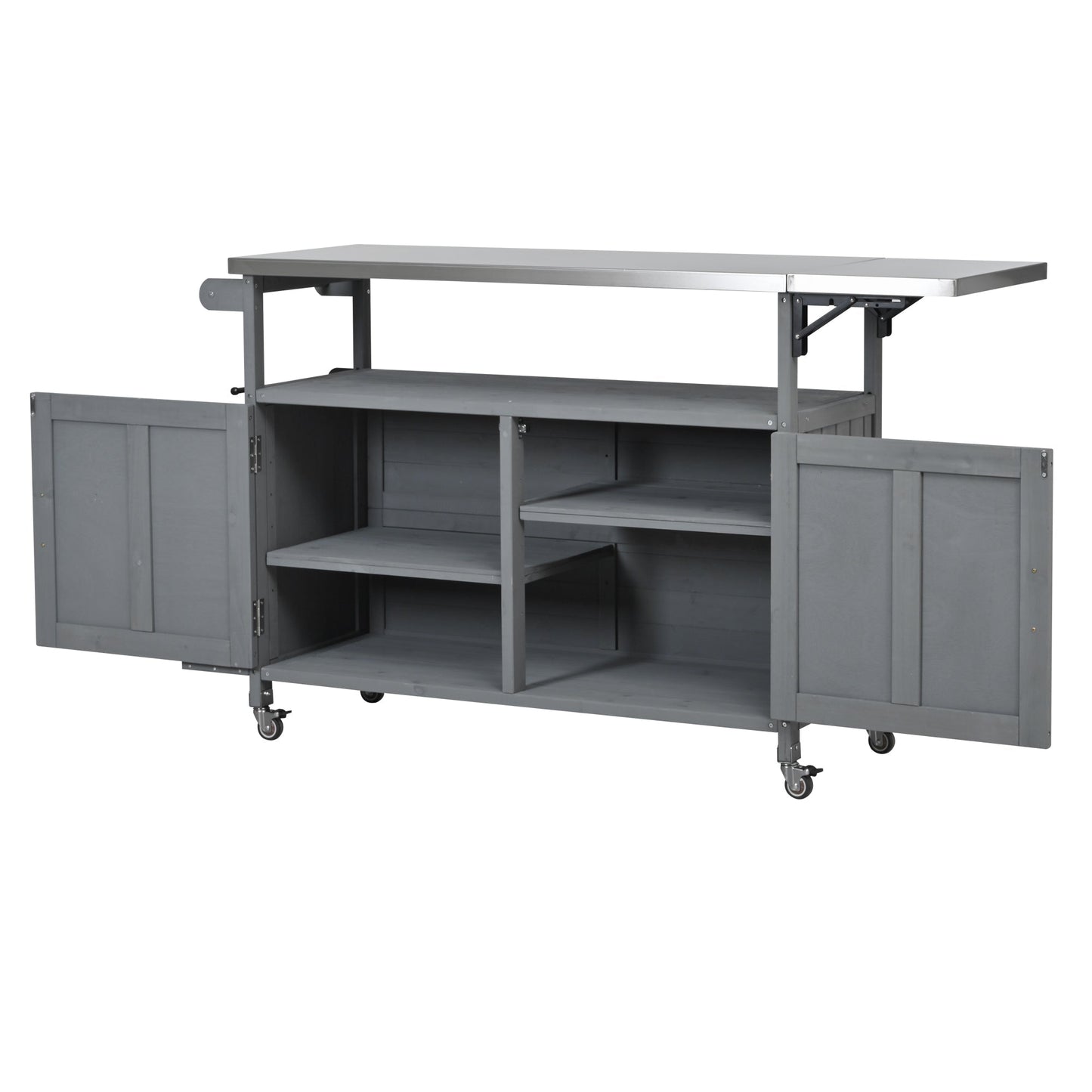 Foldable outdoor kitchen island by HouseOfZazla on wheels; gray wooden cabinet with open shelves on Tampa Home & Garden Store