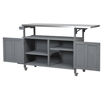 Foldable outdoor kitchen island by HouseOfZazla on wheels; gray wooden cabinet with open shelves on Tampa Home & Garden Store