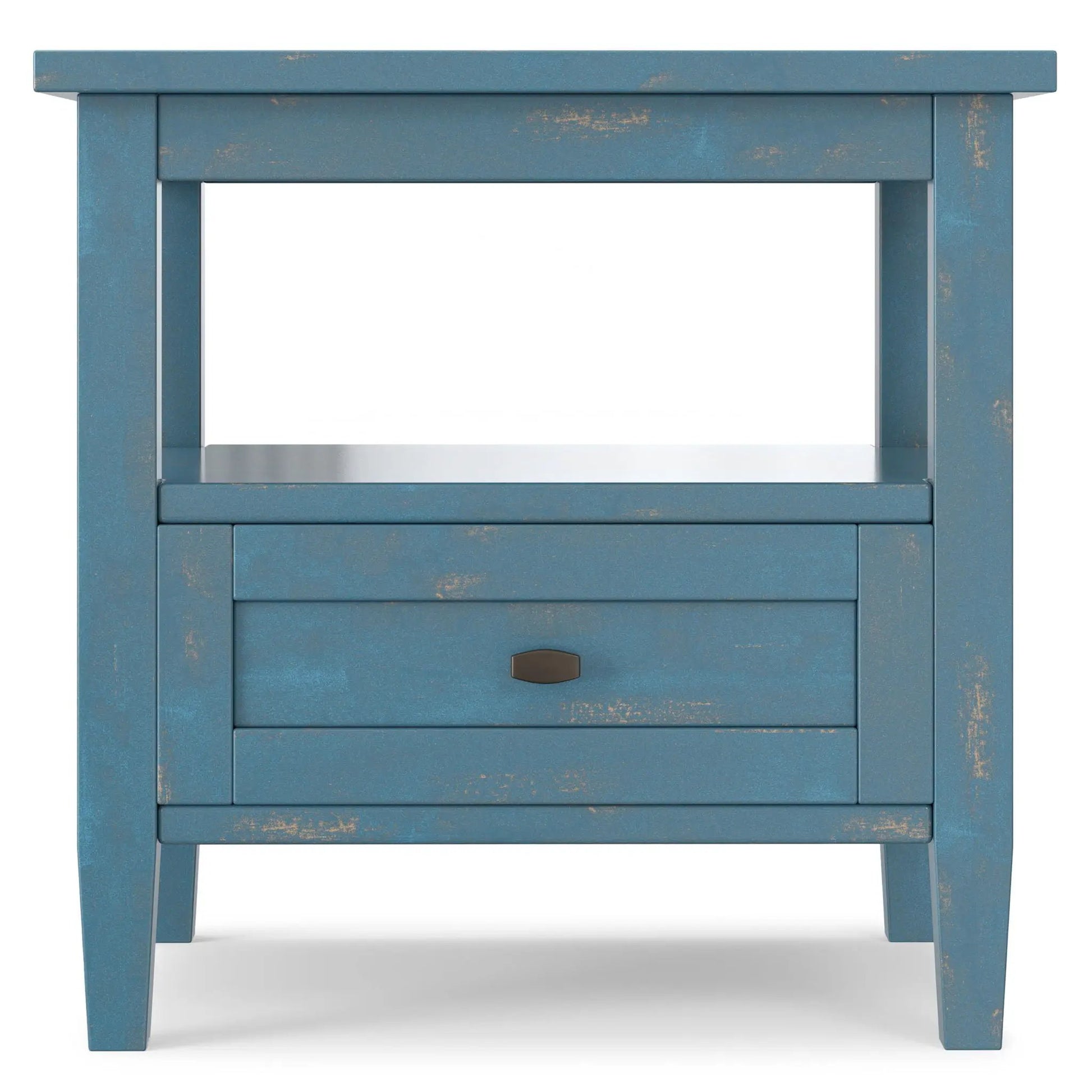 Warm Shaker handcrafted blue distressed coffee table with centered drawer and open lower shelf on Tampa Home & Garden Store