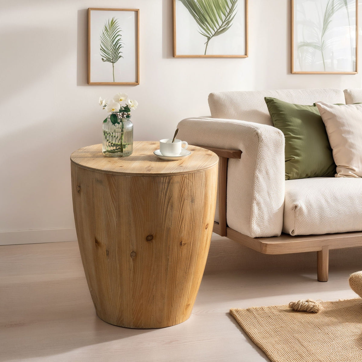Vintage Style Barrel Coffee Table With Storage natural wood finish round barrel design on Tampa Home & Garden Store