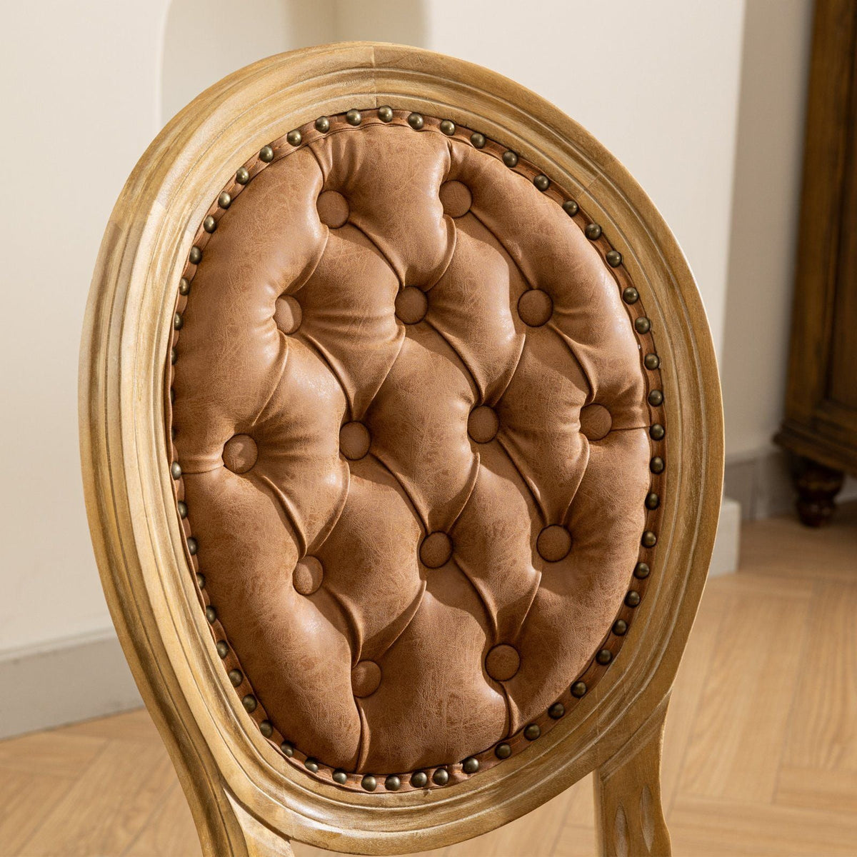 French Style Solid Wood Dining Chair with Nailhead Trim, tufted brown upholstery, round back on Tampa Home & Garden Store