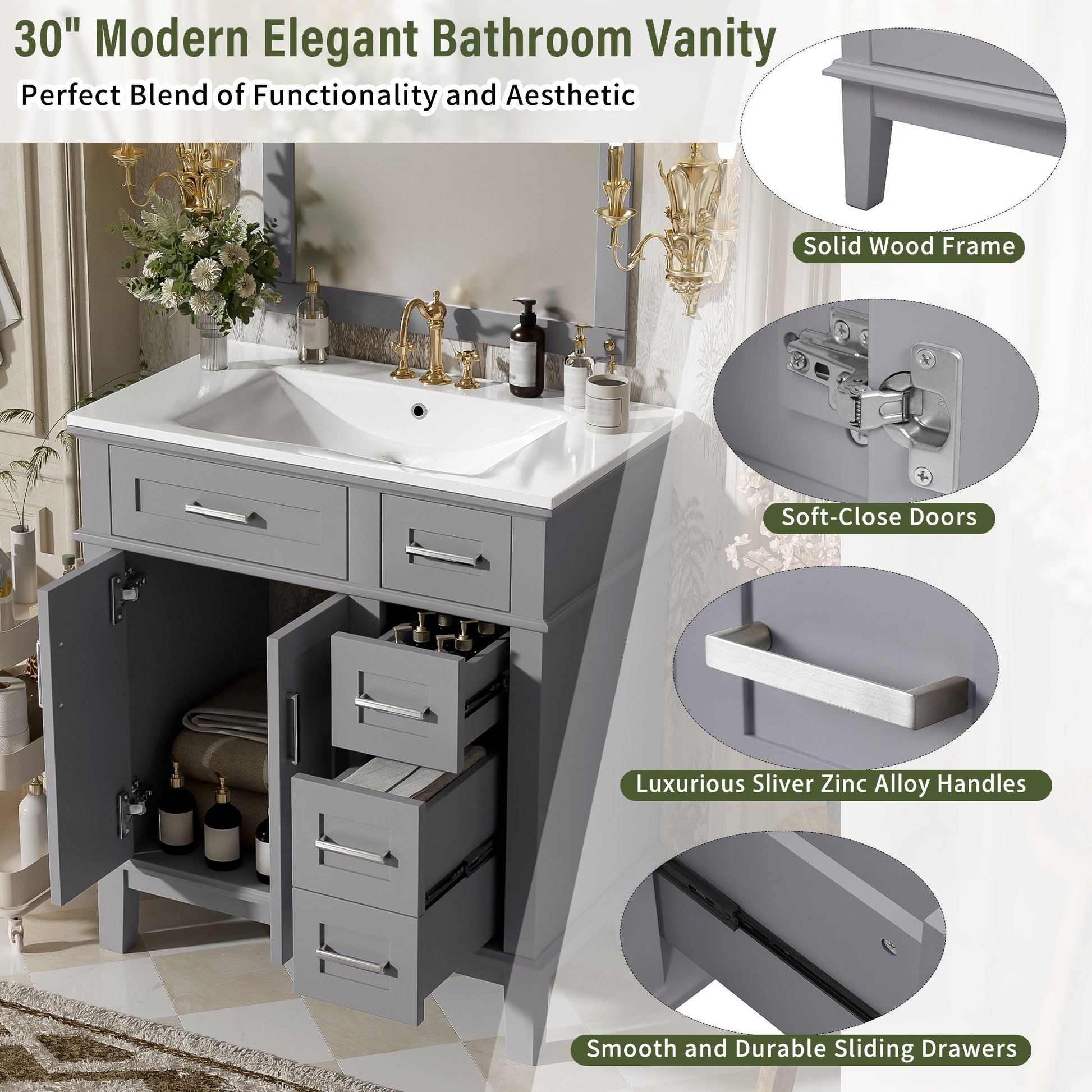 Gray bathroom vanity with sink, storage cabinet, soft-close doors, deep drawers on Tampa Home & Garden Store