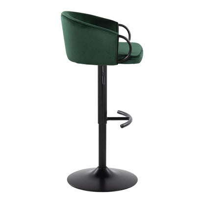 Adjustable swivel barstool with green velvet upholstery, black metal frame, rounded T-footrest on Tampa Home & Garden Store