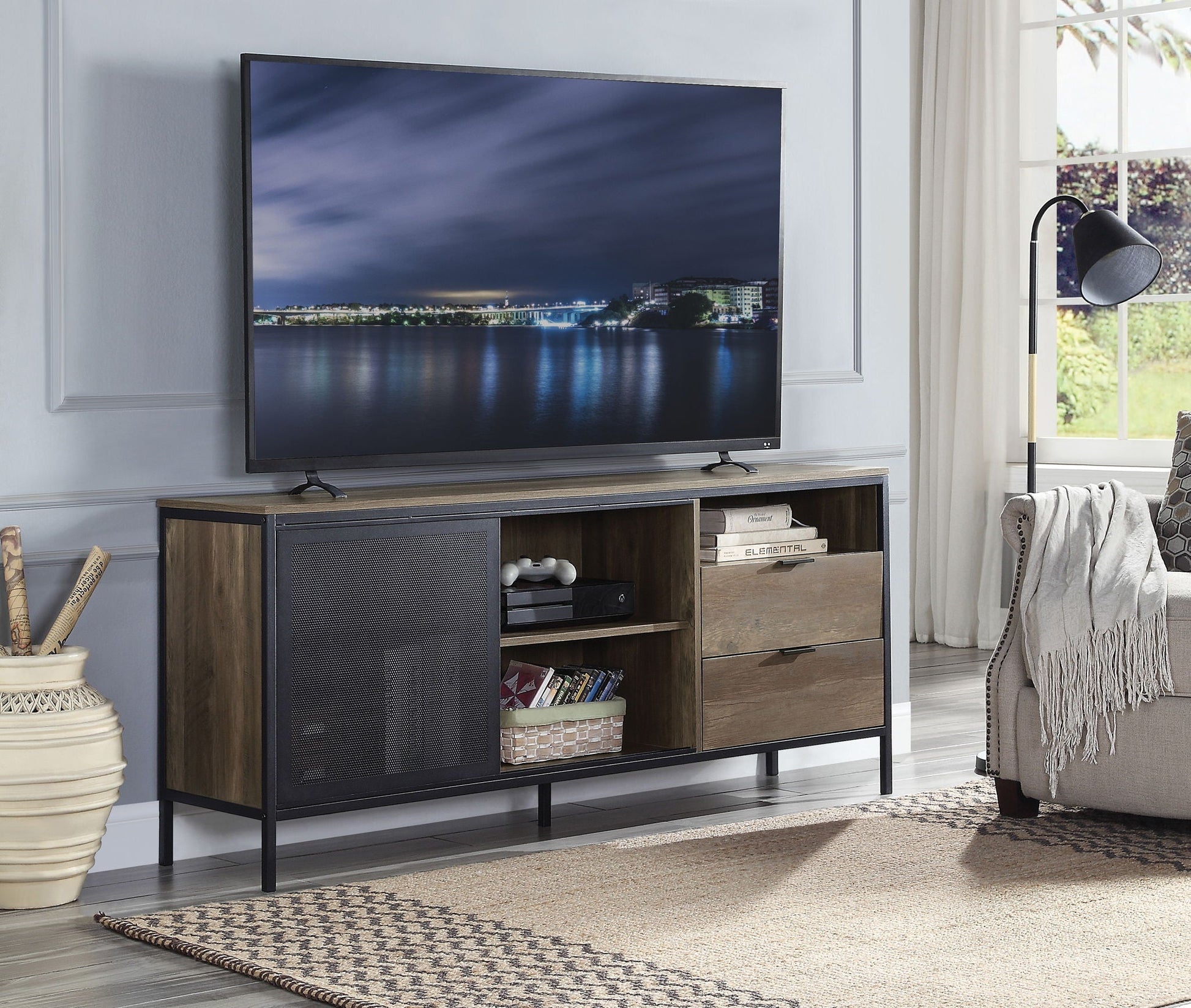 Nantan Rustic TV Stand with wood finish, open shelves and drawers by HouseOfZazla on Tampa Home & Garden Store