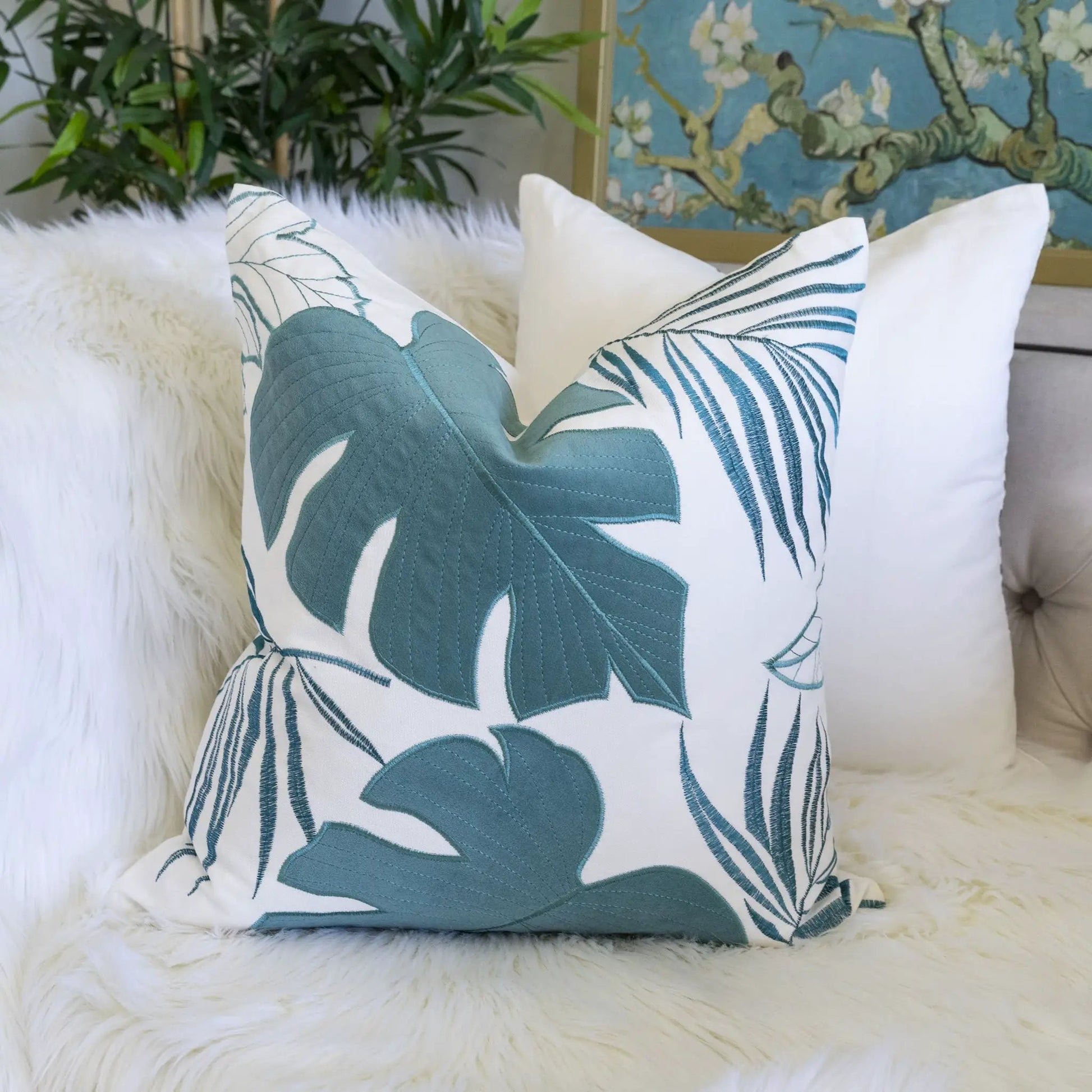 Autumn Vibes Leaf Accent Pillow by Unique Piece Furniture, teal leaf print on white, quilted on Tampa Home & Garden Store