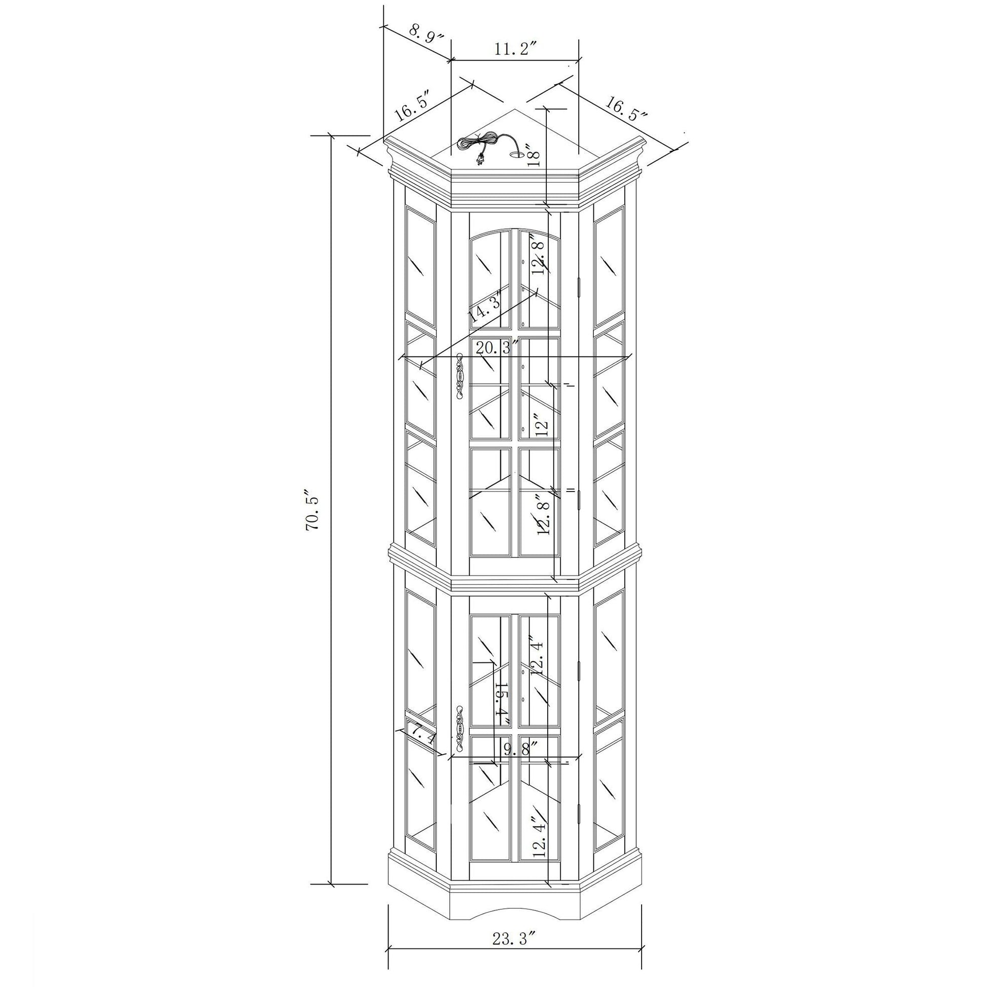 Corner Curio Cabinet with 5 glass shelves and built-in lighting shown in blueprint style on Tampa Home & Garden Store