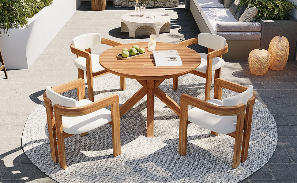 5-Piece Outdoor Acacia Wood Round Dining Set with 4 white cushioned chairs HouseOfZazla on Tampa Home & Garden Store