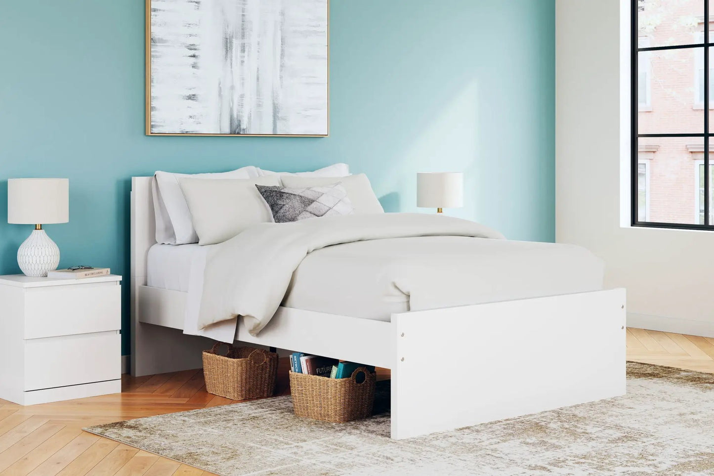 Onita panel platform bed in white with under-bed storage in a teal bedroom on Tampa Home & Garden Store