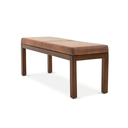 Antique brown upholstered bench with solid wood frame and brown leather-look cushion on Tampa Home & Garden Store