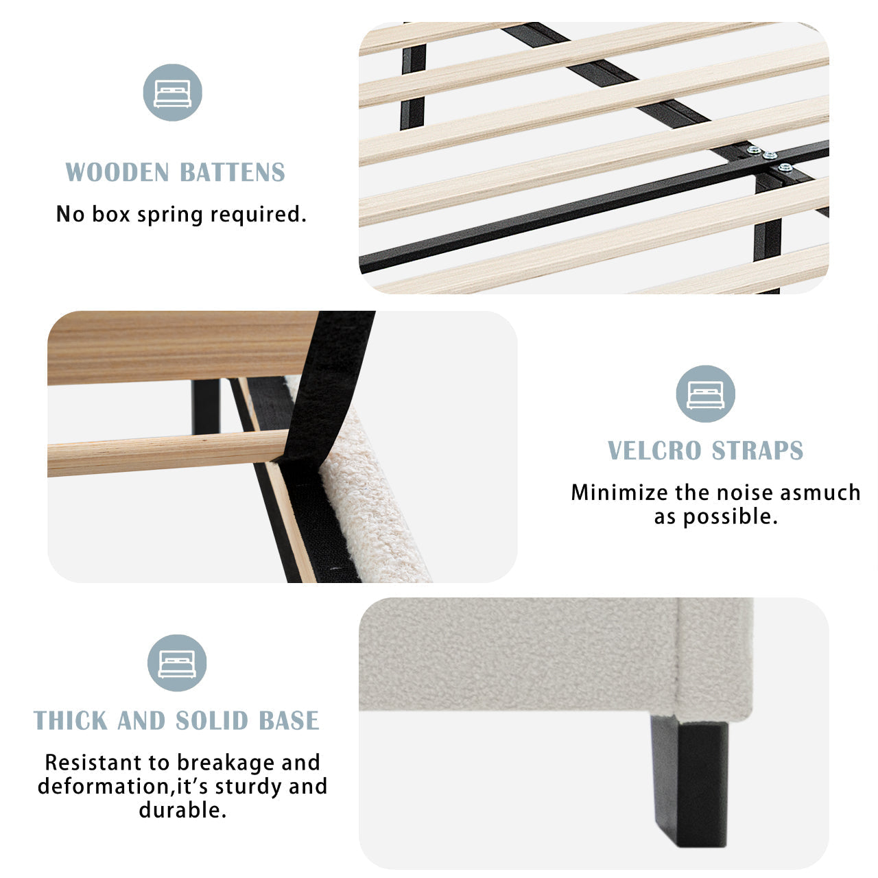 King Size Bed Frame with Teddy Velvet Headboard, wooden battens, velcro straps, solid base on Tampa Home & Garden Store