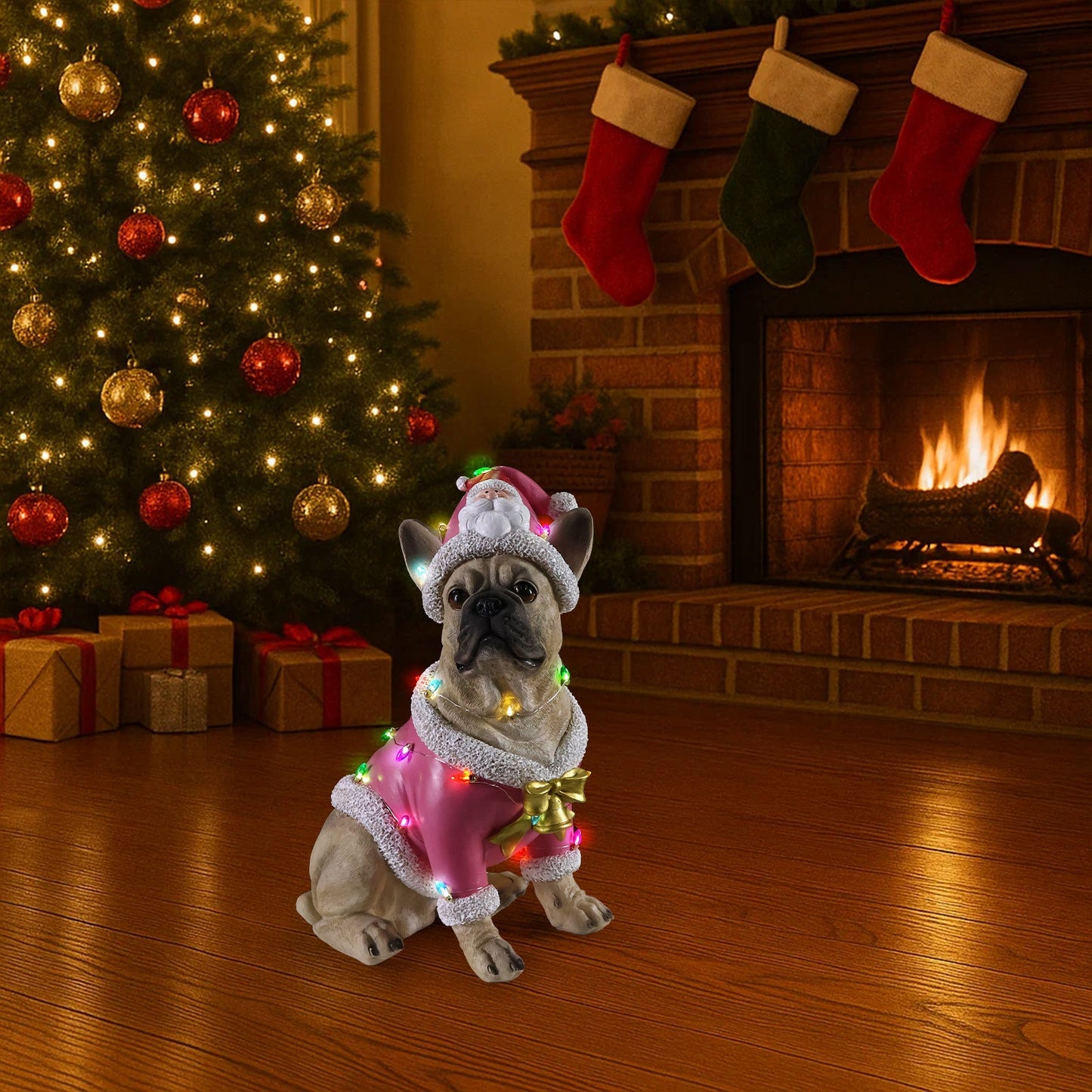 Christmas French Bulldog Statue in pink Santa outfit with multicolored lights on Tampa Home & Garden Store