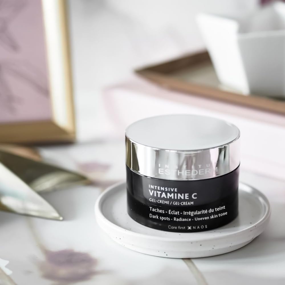 Face Cream Beauty Care Bag Esthederm Vitamin C Gel-Cream 50ml in a black jar on a white dish on Tampa Home & Garden Store