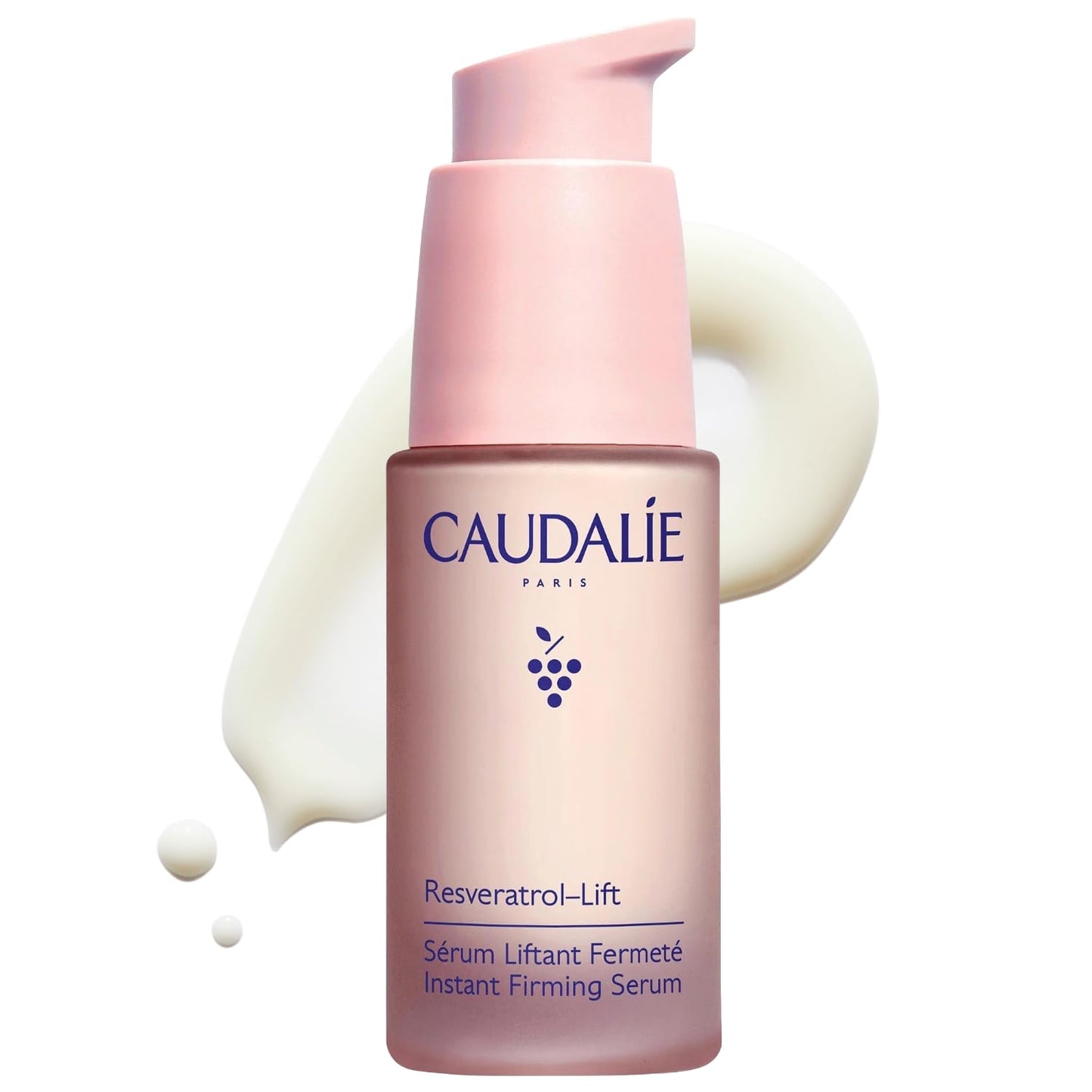 Caudalie Resveratrol-Lift facial serum bottle with pink pump, pink gradient container and grape logo on Tampa Home & Garden Store