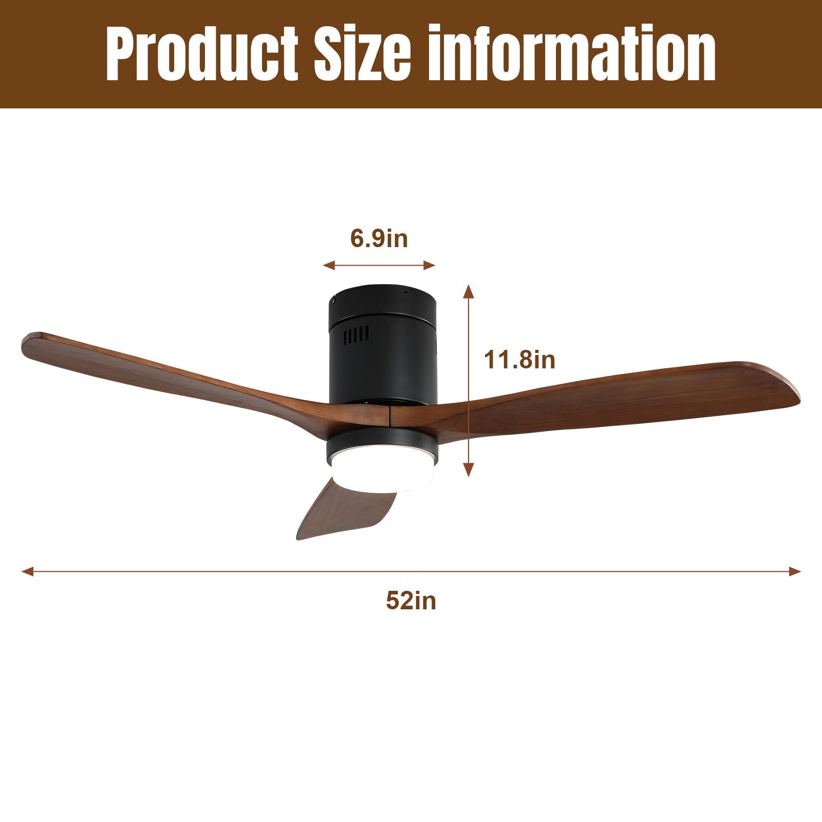 Black indoor ceiling fan with lights, reversible DC motor, wooden blades, remote on Tampa Home & Garden Store