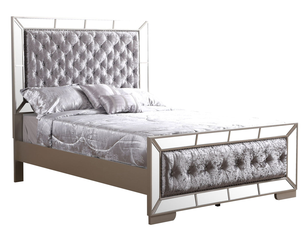 Stylish Contemporary Panel Bed by HouseOfZazla with silver tufted velvet headboard on Tampa Home & Garden Store
