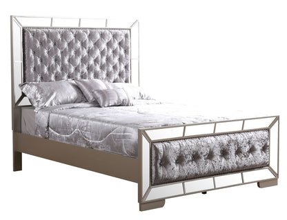 Stylish Contemporary Panel Bed by HouseOfZazla with silver tufted velvet headboard on Tampa Home & Garden Store