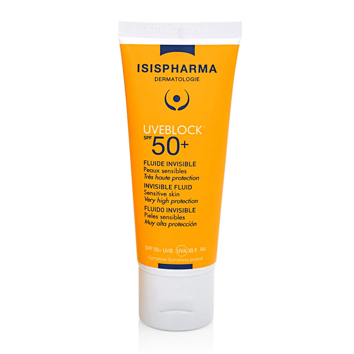 Isispharma Uveblock invisible fluid sunscreen SPF50+ UVA/UVB protection in orange tube on Tampa Home & Garden Store