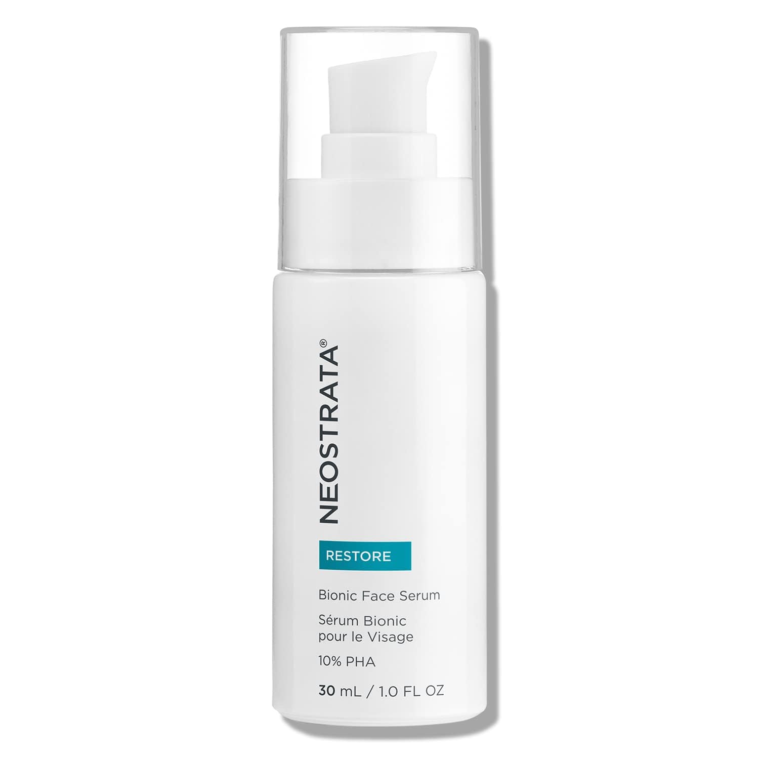 Neostrata Restore Bionic Face Serum bottle with white pump and teal Restore label on Tampa Home & Garden Store