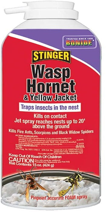Bonide Stinger Wasp Hornet & Yellow Jacket Foam spray bottle with white nozzle and red label on Tampa Home & Garden Store