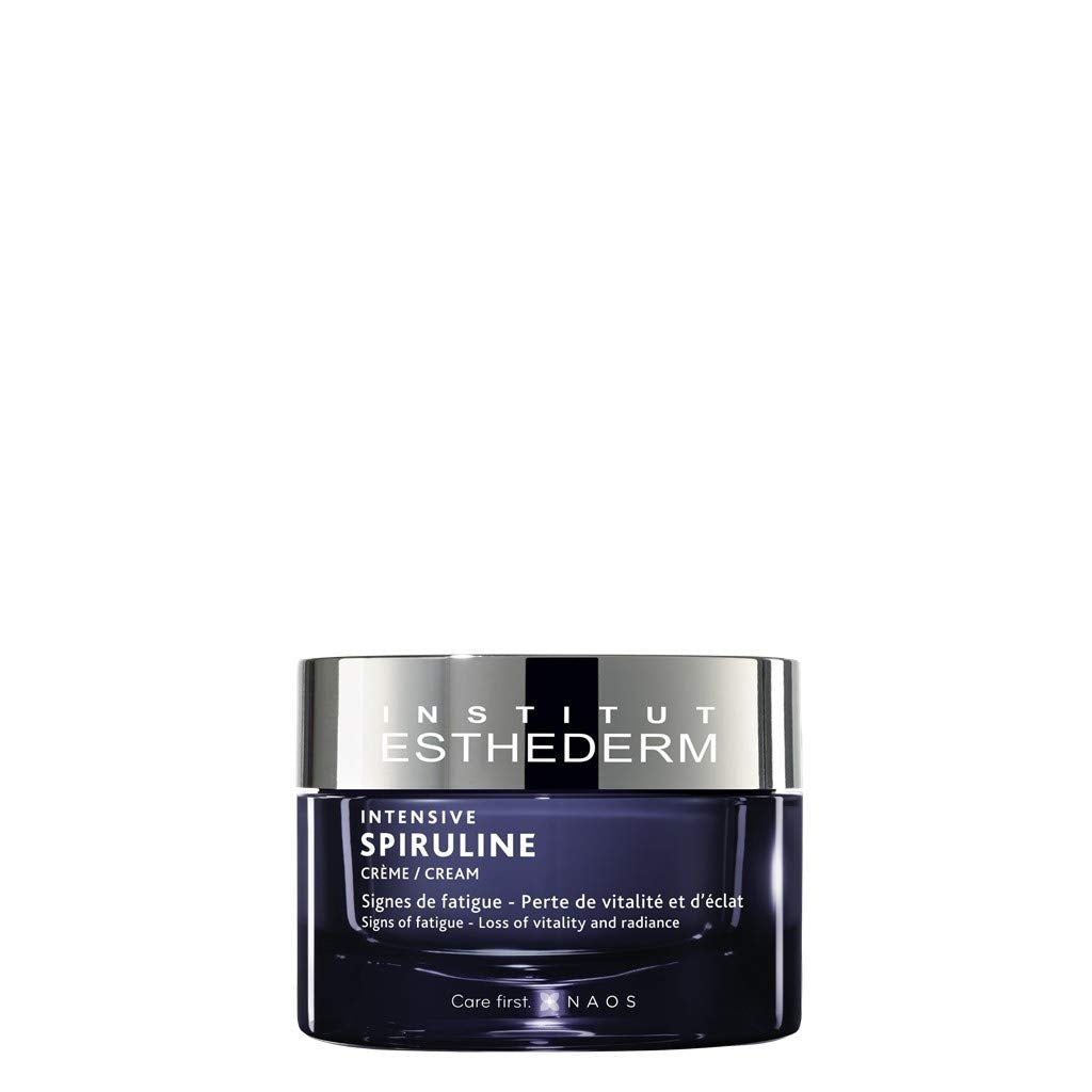 Esthederm Intensive Spiruline face cream in a dark blue glass jar with a silver lid on Tampa Home & Garden Store