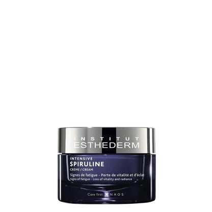 Esthederm Intensive Spiruline face cream in a dark blue glass jar with a silver lid on Tampa Home & Garden Store