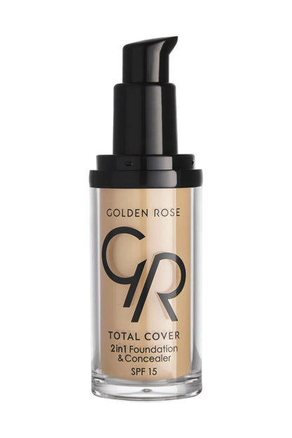 Foundation bottle Golden Rose Total Cover 2in1 Foundation & Concealer, beige shade, SPF 15 on Tampa Home & Garden Store