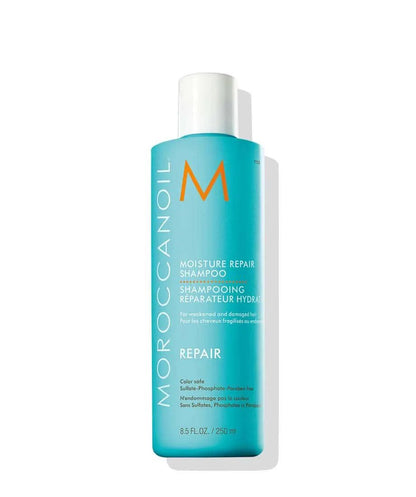 Moroccanoil Moisture Repair Shampoo bottle in turquoise with white cap, 250 ml on Tampa Home & Garden Store
