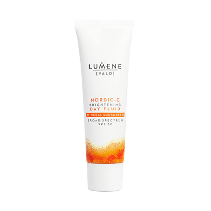 Lumene Nordic-C Brightening Day Fluid mineral sunscreen SPF30 face cream tube white with orange gradient label on Tampa Home & Garden Store