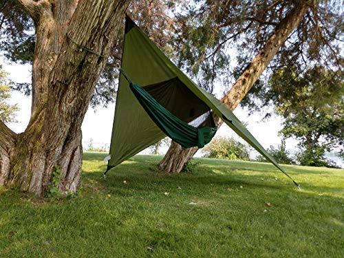 River Country Gear Hammock Tent in olive green with dark green hammock, pitched between trees on Tampa Home & Garden Store