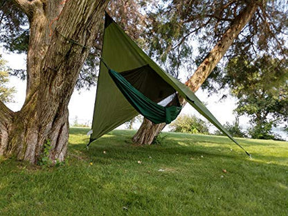 River Country Gear Hammock Tent in olive green with dark green hammock, pitched between trees on Tampa Home & Garden Store