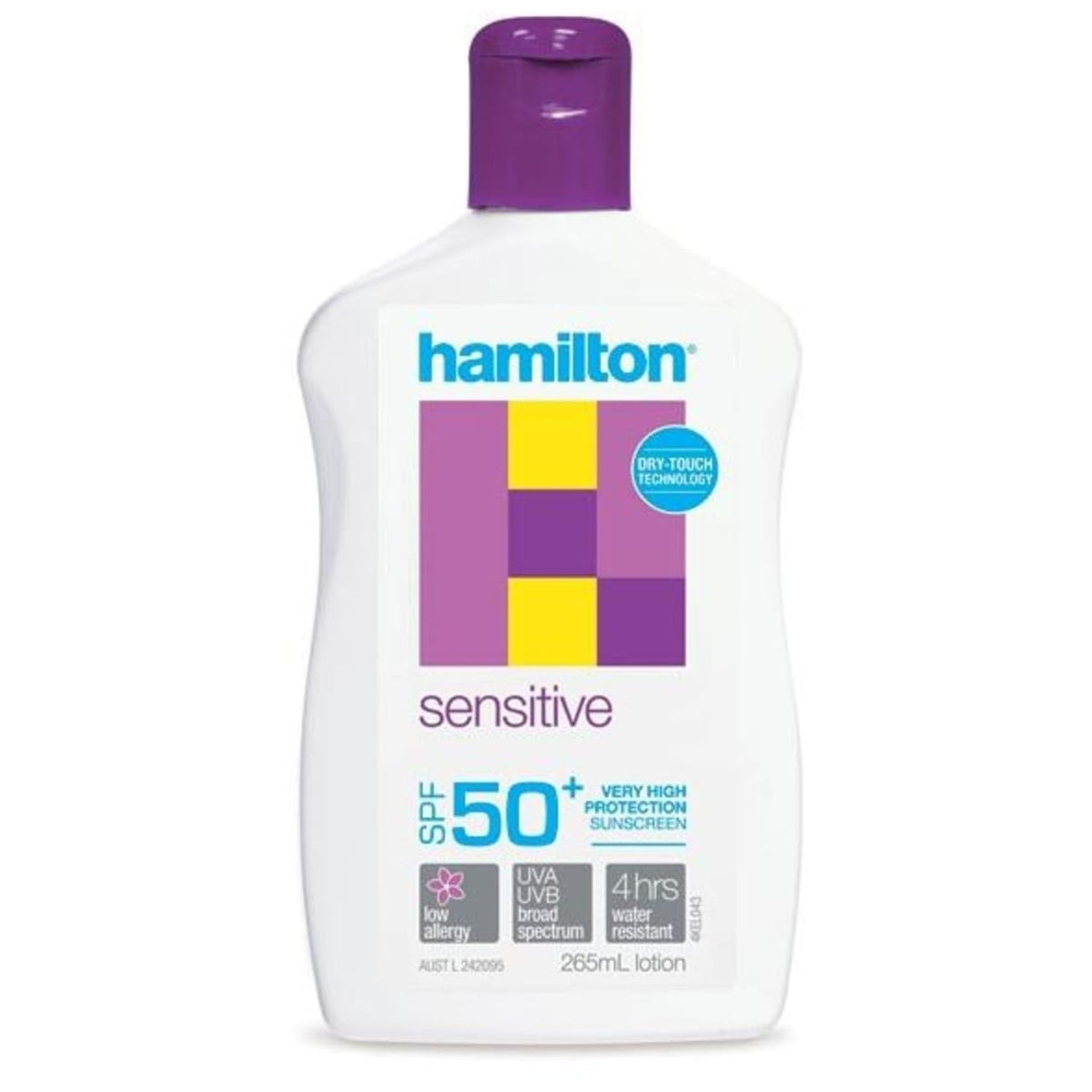 Hamilton SPF50+ Sunscreen Lotion for Skin water-resistant in bottle with purple cap on Tampa Home & Garden Store