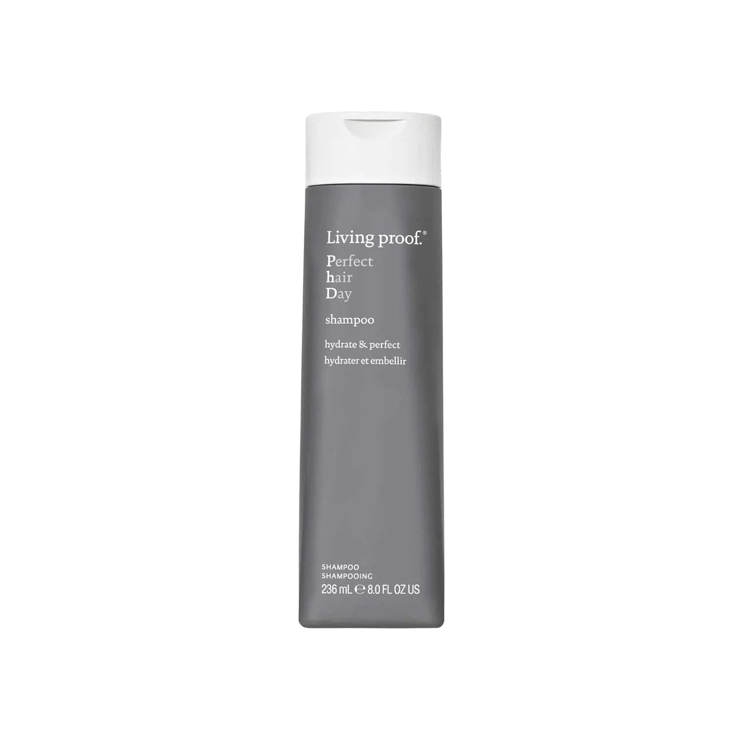 Living Proof Perfect Hair Day Shampoo bottle in grey with white cap, Living Proof branding on Tampa Home & Garden Store
