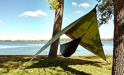 Hammock Tent River Country Gear with olive tarp and black hammock between trees by the lake on Tampa Home & Garden Store