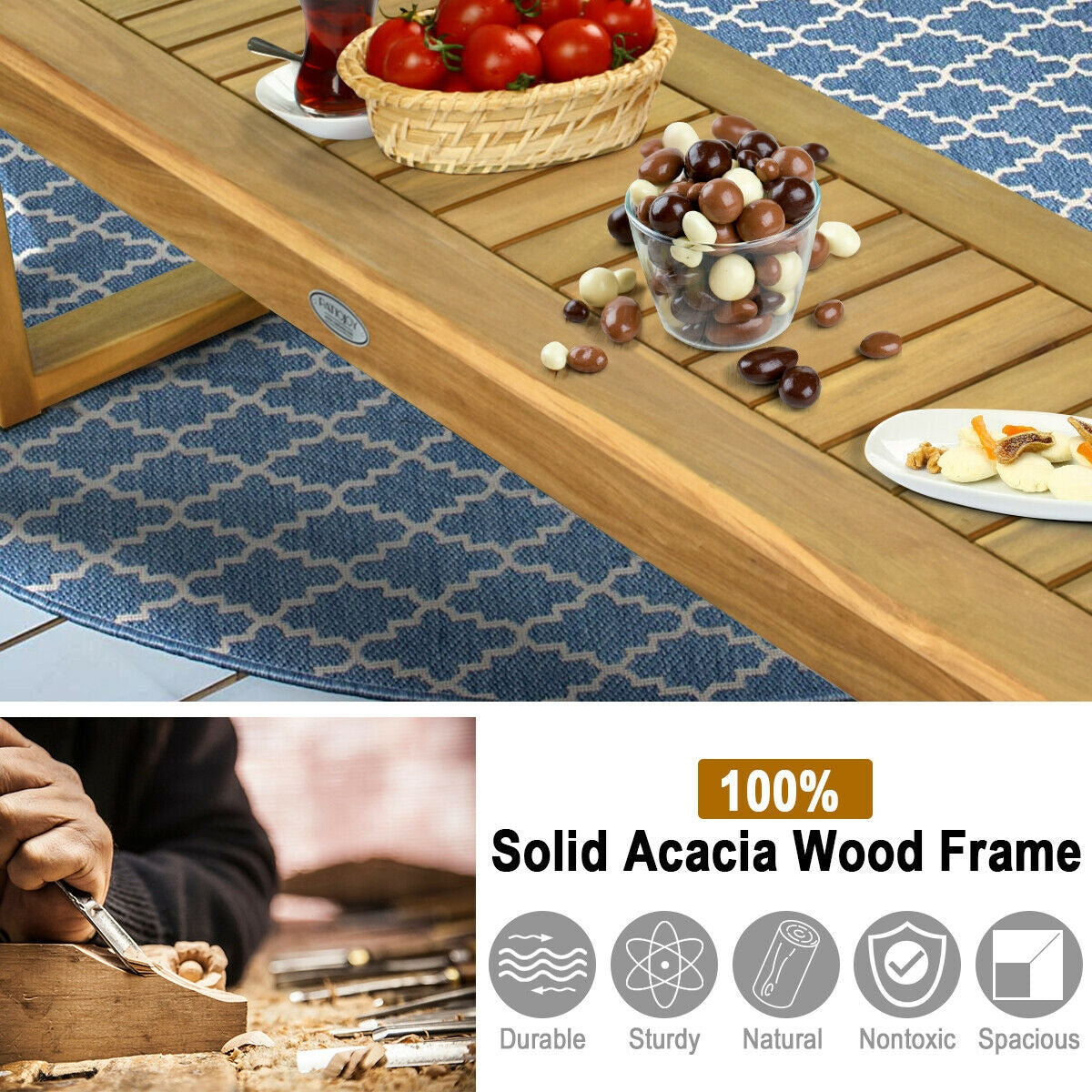 52 Inch Acacia Wood Dining Bench with Slatted Seat - Tampa Home & Garden Store