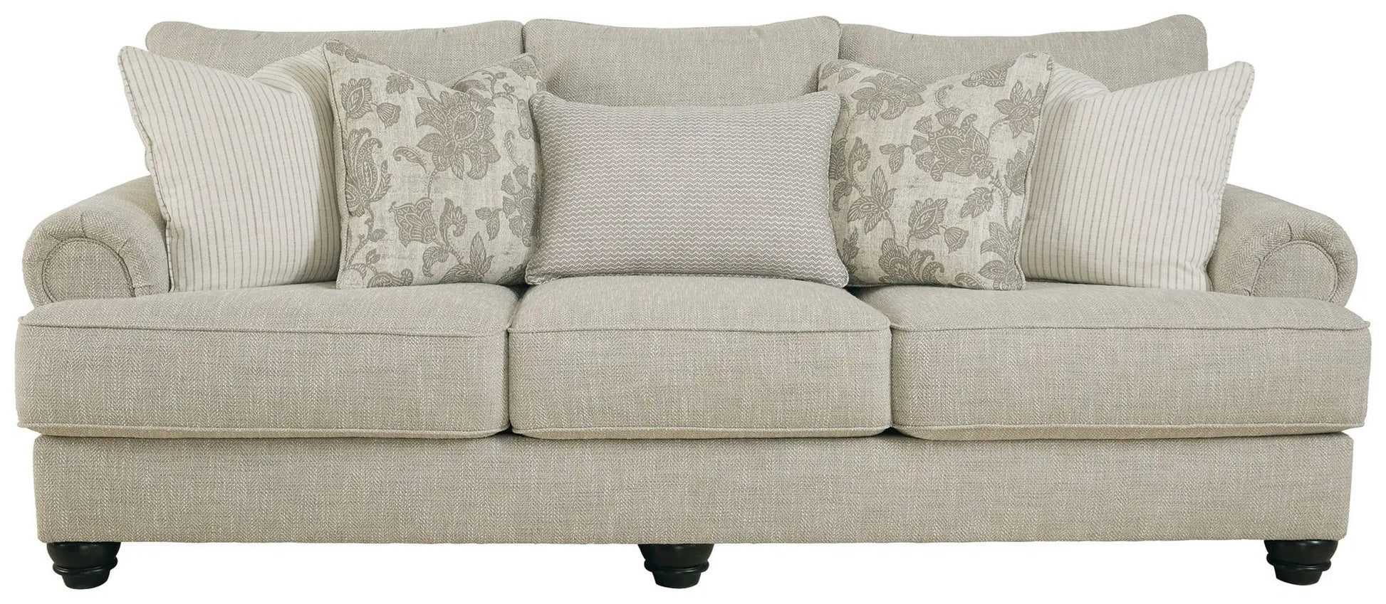 Asanti Sofa Fog beige sofa with striped and floral cushions by Unique Piece Furniture on Tampa Home & Garden Store