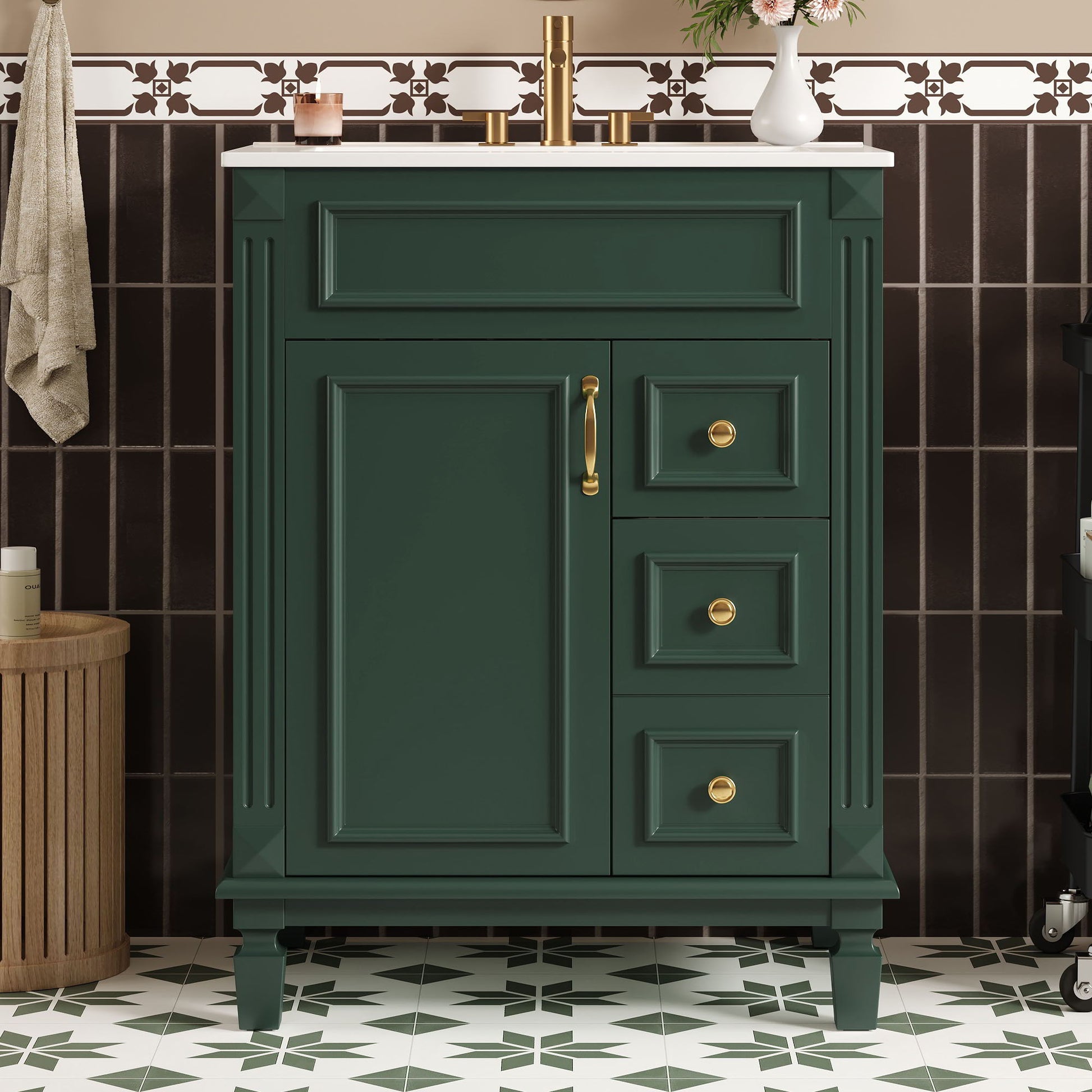 Compact green bathroom vanity with sink, white countertop, brass hardware and 2 drawers on Tampa Home & Garden Store