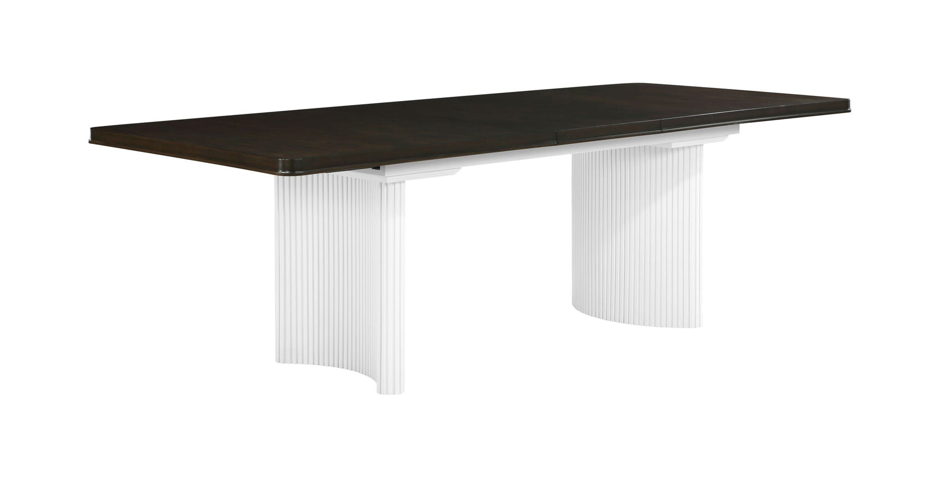 Carene dining table with leaf, brown top and white ribbed pedestal bases HouseOfZazla on Tampa Home & Garden Store