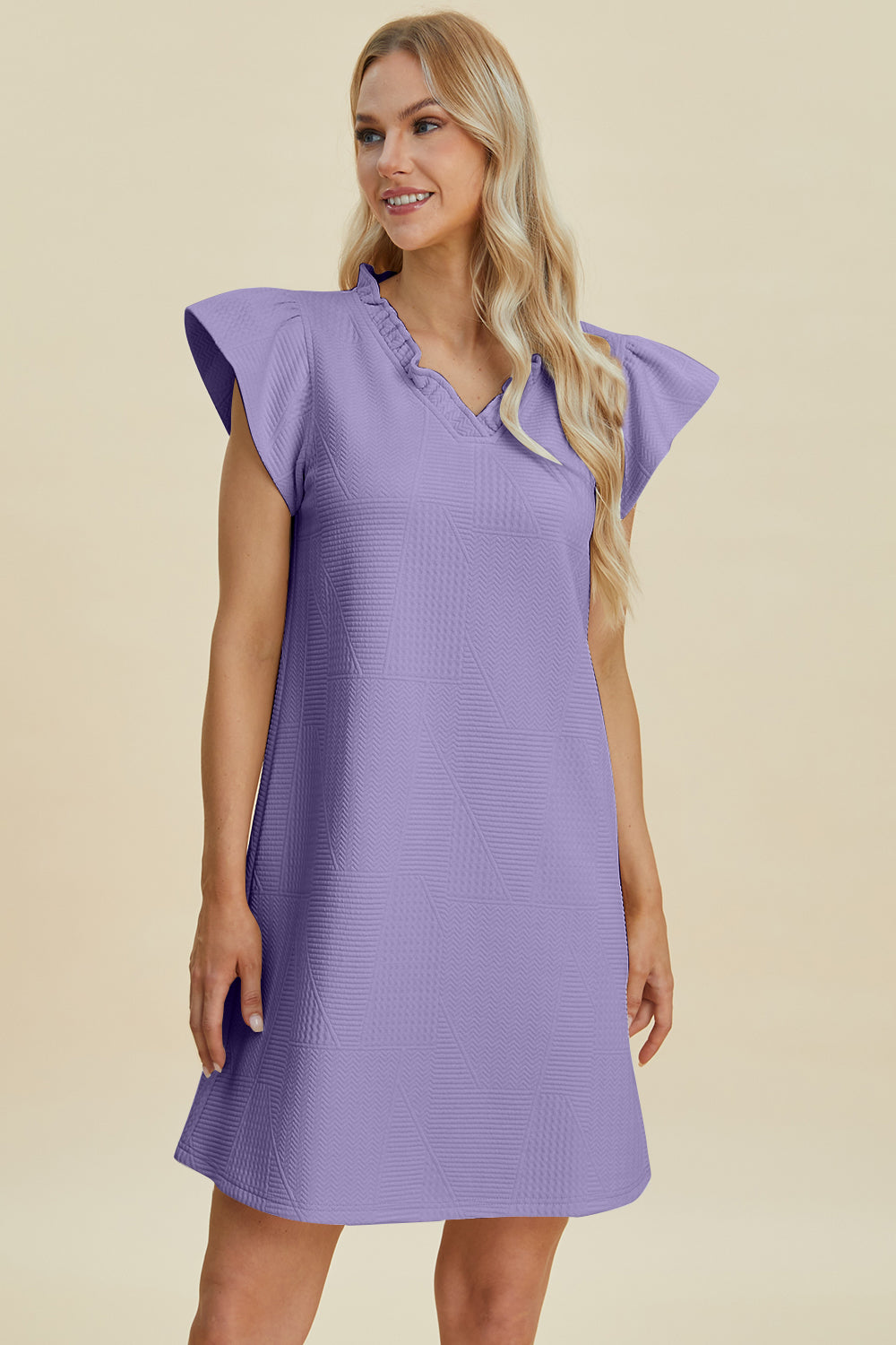 Double Take full size ruffled V-neck cap-sleeve dress in lavender with geometric quilted pattern on Tampa Home & Garden Store
