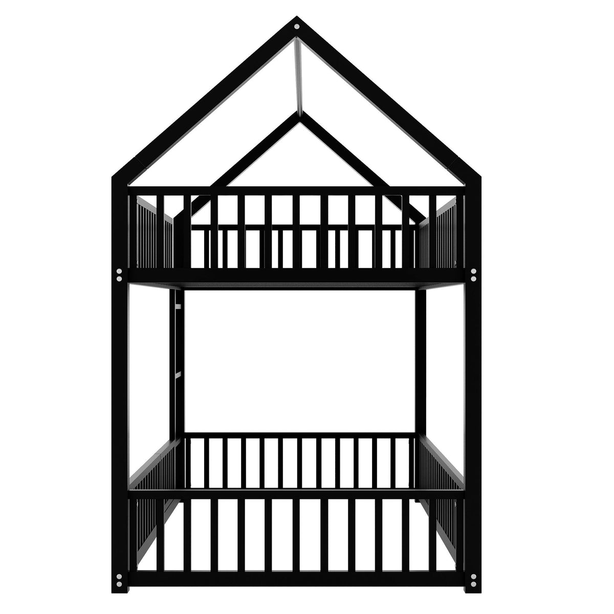 Metal house bunk bed in black with roof frame and fence-style guard rails on top and bottom on Tampa Home & Garden Store